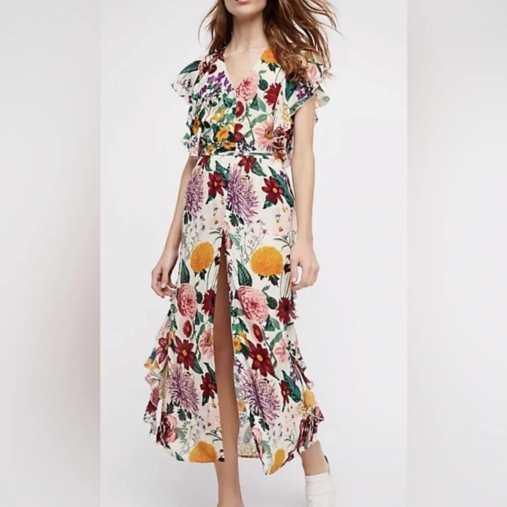 Free People Multicolored Floral Midi Dress with Flutter Sleeves